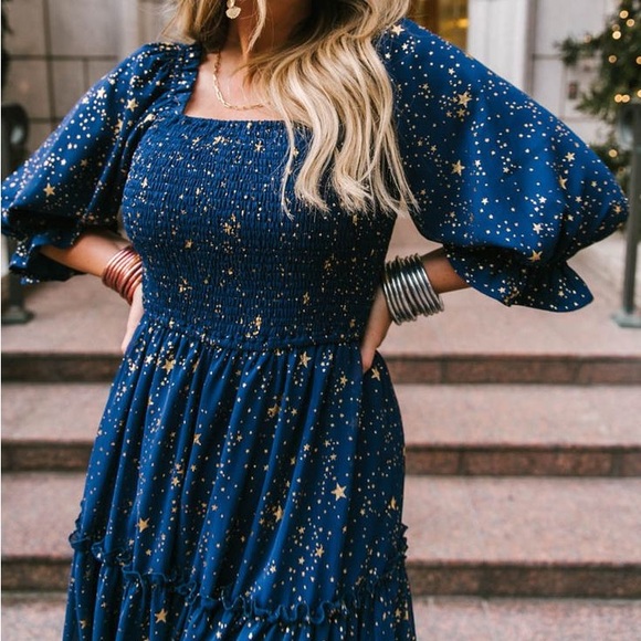 Ivy City Co Starry Nights Dress In Dark Blue Size Medium - Picture 2 of 7